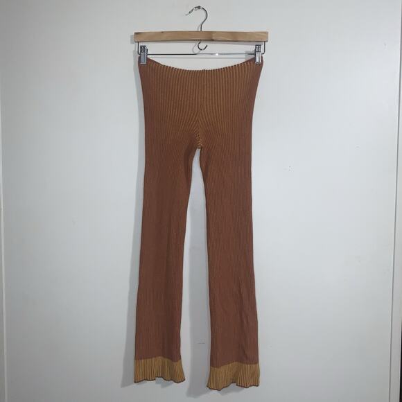 LES FRIDAY Ribbed Knit Waist Cut Out Bell Bottom Slit Pants Brown XS Stretch - Picture 5 of 10